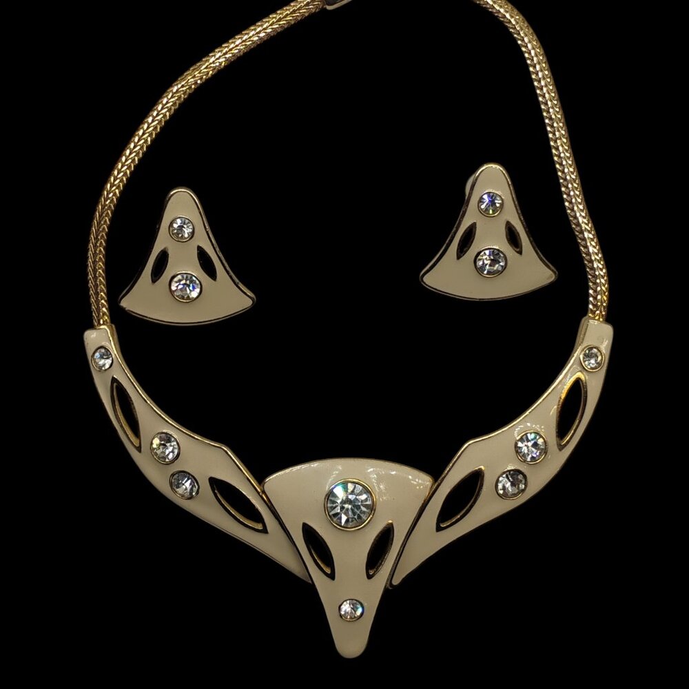 Enamel Collar Statement Necklace & Earrings Crystals Articulated Panels 80's 80s